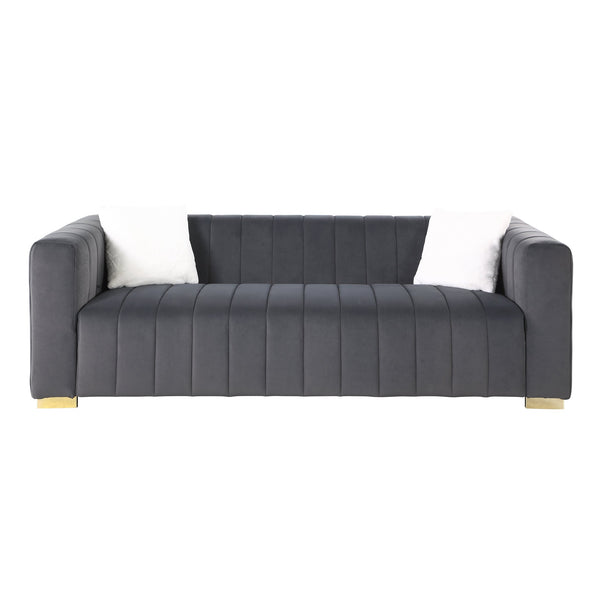 English Elm A Modern Channel Sofa - Elegant Grey Velvet Chesterfield Design, 3-Seater Comfort For Any Space W1099S00126