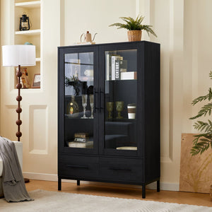 English Elm 60'' Tall Display Cabinet with LED Lighting, Tempered Glass Doors, 4 Adjustable Shelves & Drawers Black N845P261801B