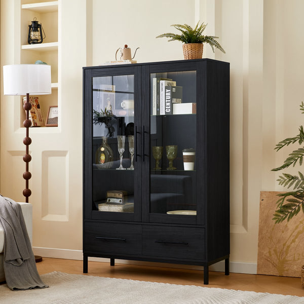 English Elm 60'' Tall Display Cabinet with LED Lighting, Tempered Glass Doors, 4 Adjustable Shelves & Drawers Black N845P261801B