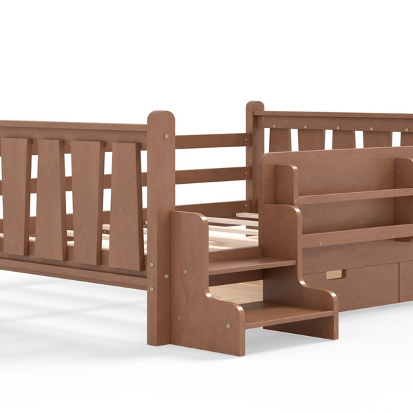 English Elm Twin Kids Platform Bed with Trundle Staircase Bookshelf and Rounded Safety Rails Natural W1580S00540