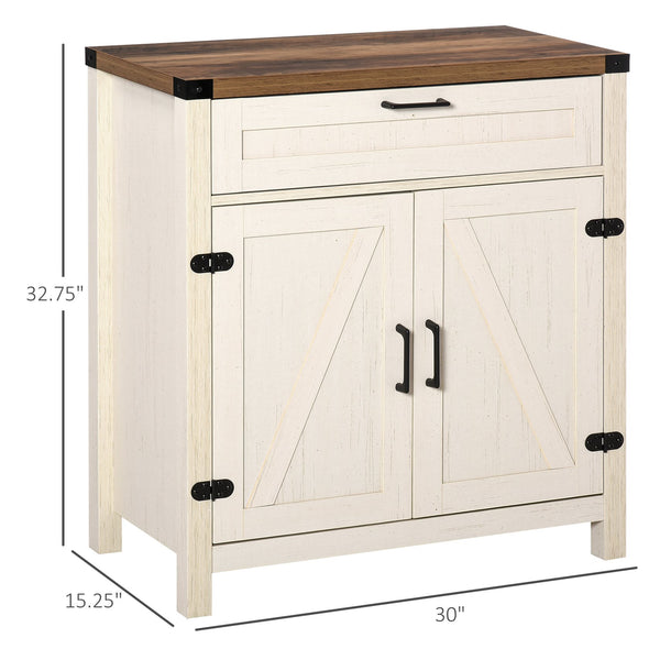 English Elm HOMCOM Rustic Farmhouse Sideboard Buffet with 2 Barn Doors, Adjustable Shelf, Drawer Storage White W2225P173876