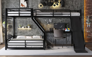 English Elm L-Shaped Triple Bunk Bed With Slide & Usb Ports - Space-Saving Metal Design For Modern Families W1580S00276