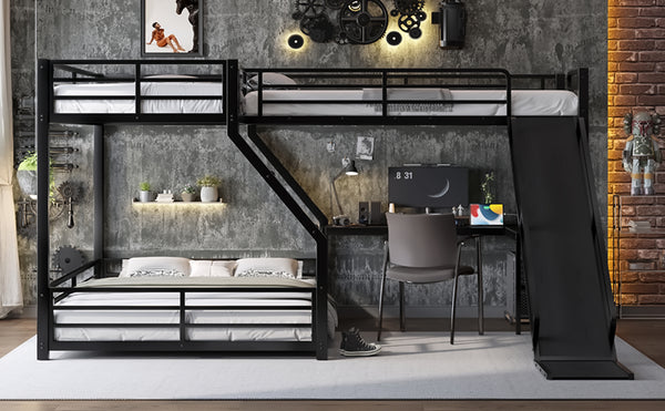 English Elm L-Shaped Triple Bunk Bed With Slide & Usb Ports - Space-Saving Metal Design For Modern Families W1580S00276