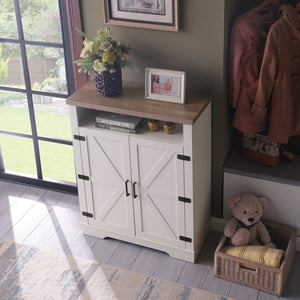 English Elm 6-Tier Shoe Storage Cabinet Farmhouse White+Oak with Adjustable Shelves, 2-Tier Open Tray & Anti-Tip Safety W3151P264510