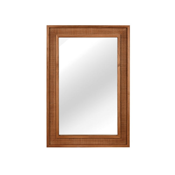 English Elm Natural Rattan Wrapped Solid Wood Rectangular Mirror Handcrafted Farmhouse Bathroom Entryway Yellowish-Brown W2203P436619