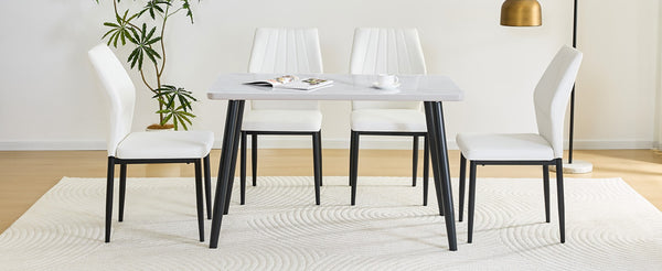 English Elm Table and Chair Set Marble Look Glass Top with Four Pu Shell Back Dining Seats W1151S04631