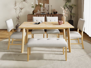 English Elm Retro Dining Table for 6 — Minimalist Rectangular MDF Top with LVL Rubberwood Legs, 220lb Capacity, Modern Dining centerpiece Natural Wood Wash N752P294999D