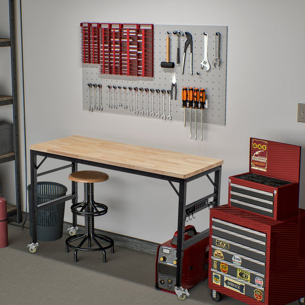 English Elm 60" Adjustable Workbench with 2000 LB Capacity, Hardwood Top, Locking Wheels & Built-In Power Outlets W1422P218520