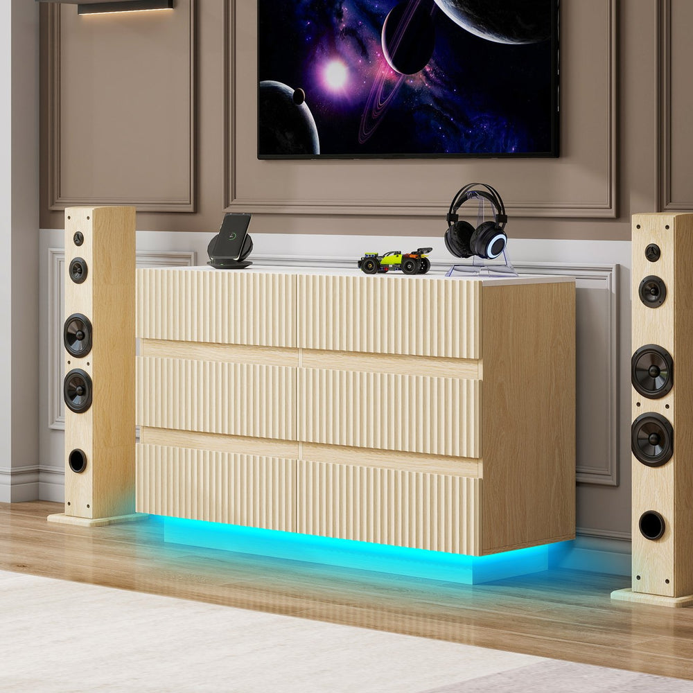 English Elm Fluted 6 Drawers Dresser with LED Lighting, Anti-Tip Safety, Smooth Slides & USB-Controlled Glow W688P194155