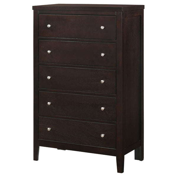 English Elm Payton Cappuccino 5-Drawer Chest with Brushed Silver Handles, Warm Brown Finish for Cozy Elegance B062P328722
