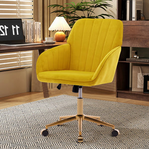English Elm TY Velvet Office Chair Bright Yellow with Gold Base, 360° Swivel, Height Adjustable, Luxury Comfort W2311P237657