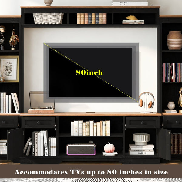 English Elm U-can Farmhouse Wall Unit with Barn Doors Built-in Power Outlets and Open Shelving Black+Brown SJ000154AAB