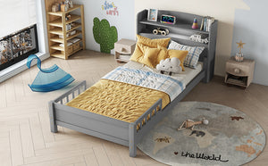 English Elm Twin Pine Wood Bed with Bookcase Headboard LED Motion Sensor Light Guardrails Ample Storage Space Grey W504P277595