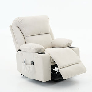 English Elm Ivory Corduroy Recliner with Heat, Massage & Assistive Lift — Remote Control, Cup Tray Comfort W570P320340