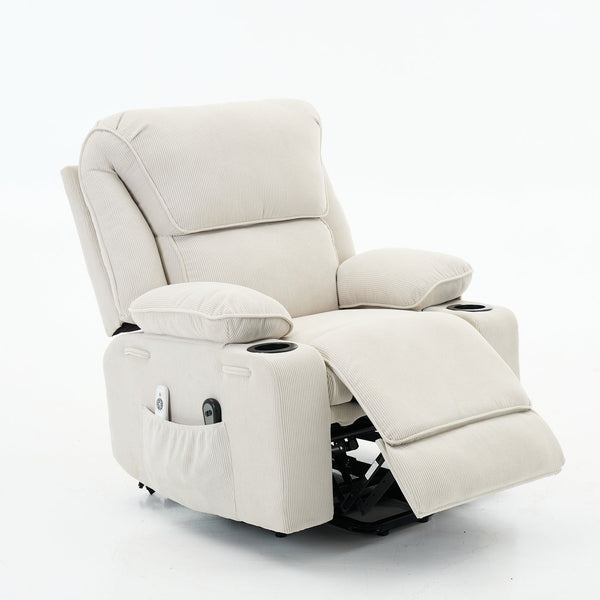 English Elm Ivory Corduroy Recliner with Heat, Massage & Assistive Lift — Remote Control, Cup Tray Comfort W570P320340