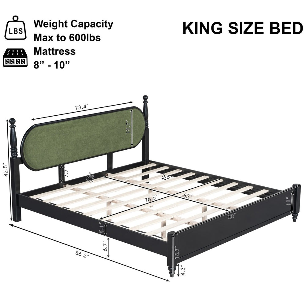 English Elm King Platform Bed Solid Wood Frame Navy Velvet Headboard Modern Bedroom Furniture N770PK379966B