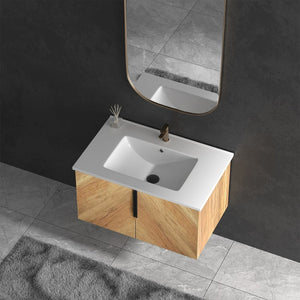 English Elm 30 Inch Floating Bathroom Vanity Fluted Wood Grain Front with Ceramic Integrated Sink W3520S00047