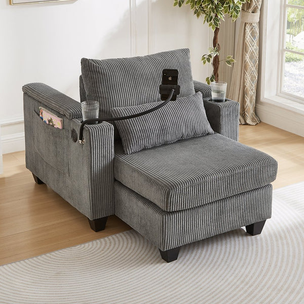 English Elm Convertible Chaise Lounge Sofa Chair With Usb Ports, Storage & Cup Holders – Ideal For Small Spaces! N719S002021E