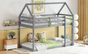 English Elm Twin Rubber Wood Floor Bunk Bed House-Shaped Design with Ladder Guardrails Sturdy Low-Profile Retreat Grey W504P206863