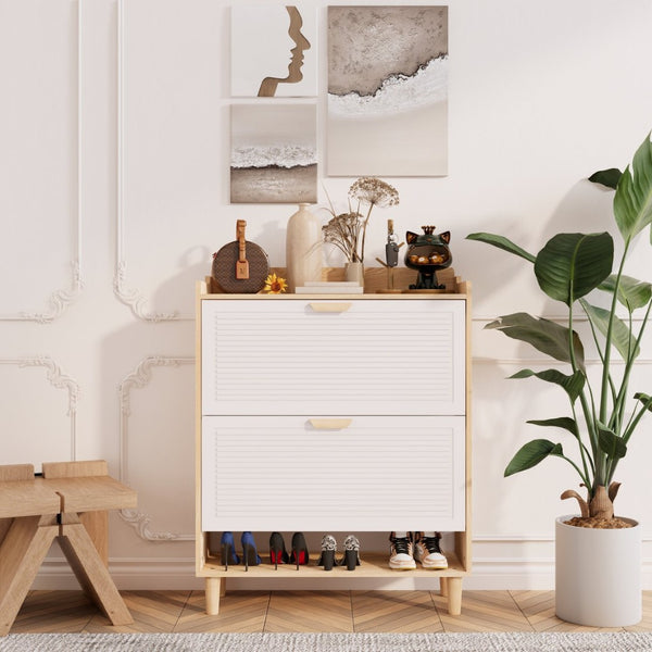 English Elm Shoes Storage Cabinet Slim Flip Door Entryway Organizer with Natural Wood Legs 16 Pairs W3166P268391