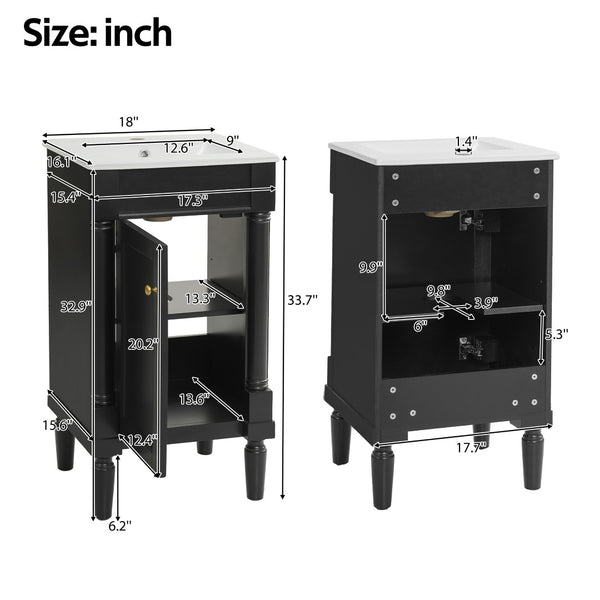 English Elm 18" French Style Vanity with Ceramic Sink Soft Close Door and Adjustable Shelf Black N710P415332B