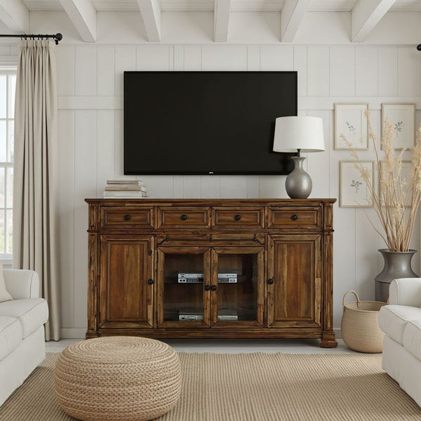 English Elm Barclay Acacia Wood Media Console Fully Assembled Rustic Storage with Glass Doors B108P481224