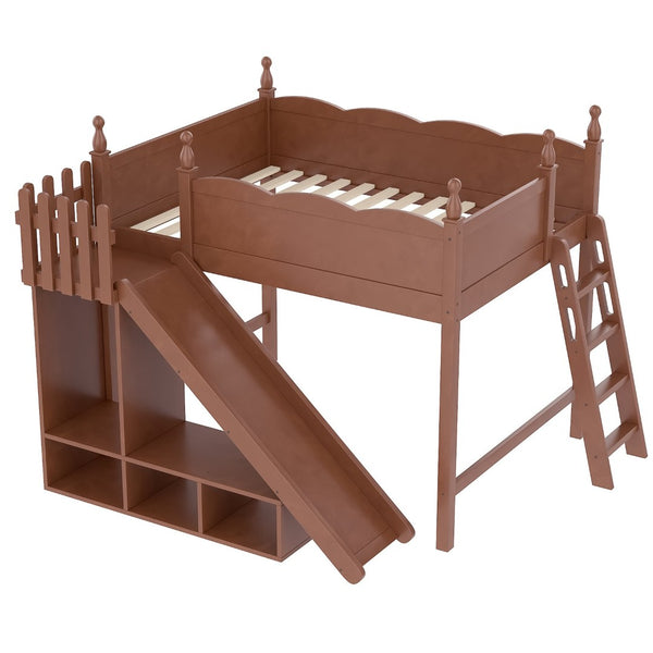 English Elm Twin Loft Bed Solid Pine Frame with Wardrobe Shelving Detachable Slide Kids Room Antique Natural W5305S00025