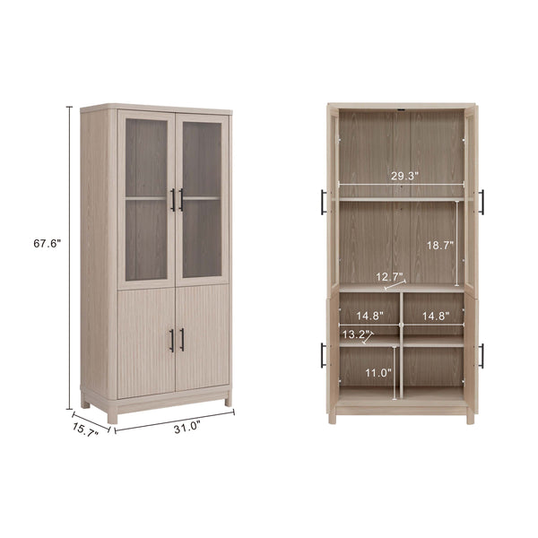 English Elm Jodie Elegant 31" Bookcase Cabinet with 6 Adjustable Shelves, Glass Display Doors & Metal Handles Oak B365P397896