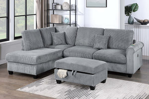 English Elm Contemporary Corduroy Sectional with Usb Charging Chaise and Lidded Storage Ottoman B011S02228