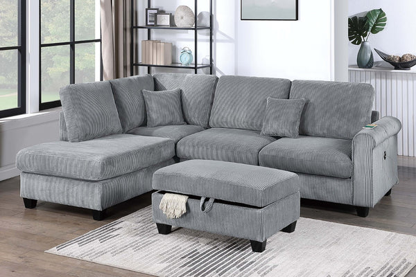 English Elm Contemporary Corduroy Sectional with Usb Charging Chaise and Lidded Storage Ottoman B011S02228