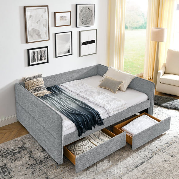 English Elm Daybed With Trundle - Stylish Upholstered Queen Sofa Bed In Grey Boucle With Storage Drawers W1413S00073