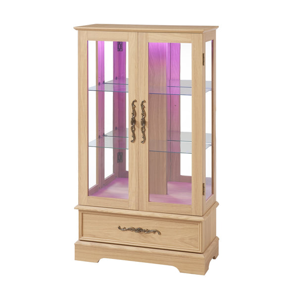 English Elm Lighted Glass Curio Display Cabinet - Elegant Oak Finish, Led Lighting, Adjustable Shelves & Secure Storage W1758P290020