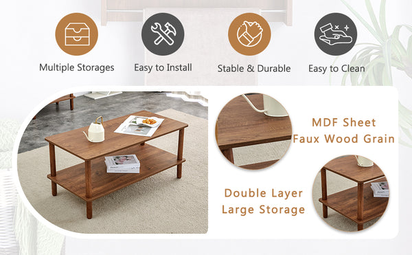 English Elm Modern 2-Tier Coffee Table with Open Shelf, Solid Wood + MDF, Rounded Legs, Durable Farmhouse Style Walnut W3226P279108