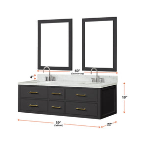 English Elm Castor 60 in Black Double Bath Vanity with Carrara Marble Top, Chrome Faucets & 28" Mirrors - Luxurious Oak Finish B2731P336964