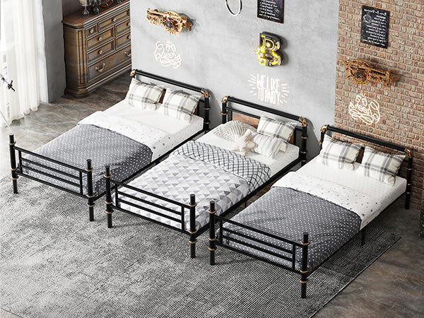 English Elm Quad Quad Bunk Bed for 4 Kids - Heavy Duty Metal Twin Frame, Detachable Triple Layout, Rustic Black Wood Finish, 250lb Capacity Each, Space-Saving Modular Design W2580S00020