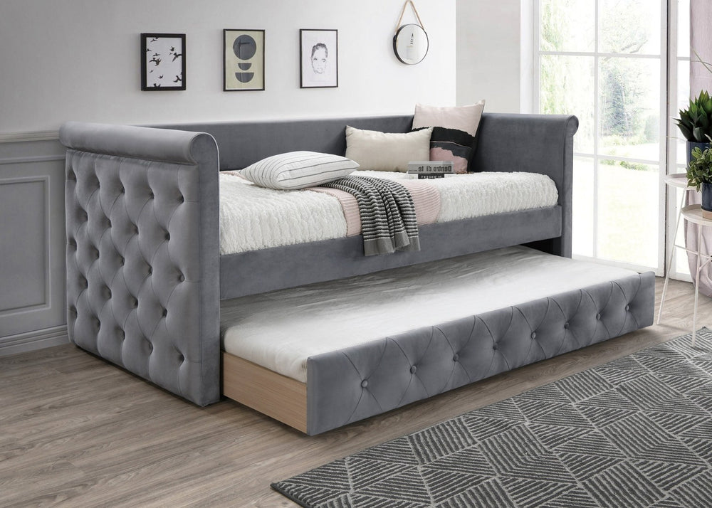 English Elm Contemporary Button Tufted Daybed Gray Burlap Upholstery Trundle Guest Sleeping B011S02046