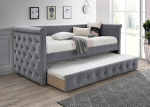 English Elm Contemporary Button Tufted Daybed Gray Burlap Upholstery Trundle Guest Sleeping B011S02046