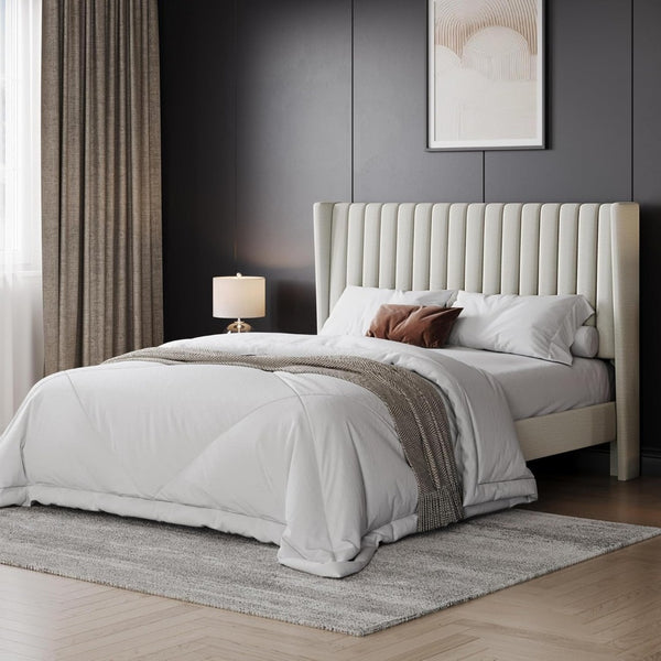 English Elm Queen Platform Bed Upholstered Beige Fabric Headboard Wooden Slat Base No Box Spring W5239P452871