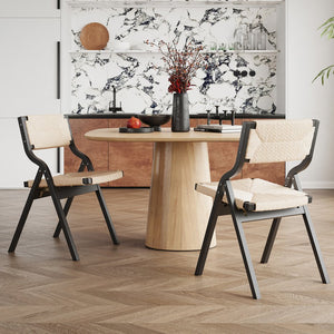 English Elm Wood Foldable Dining Chair Set of 2 with Woven Rattan Seat, Teak Finish, Comfortable Padded Design Black,Natural T3623P380477