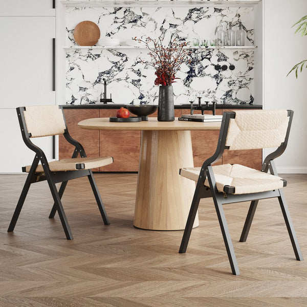 English Elm Wood Foldable Dining Chair Set of 2 with Woven Rattan Seat, Teak Finish, Comfortable Padded Design Black,Natural T3623P380477