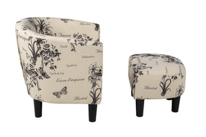 English Elm Vintage Vintage-Design Accent Chair with Ottoman, Script & Botanical Fabric, Curved Barrel Back, Compact Comfort B011P369869