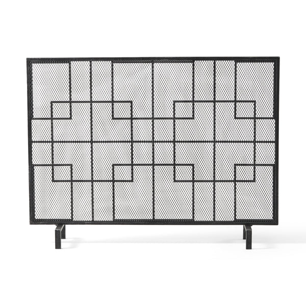 English Elm Christopher Knight Home® - FIRE Dorothy Modern Single Panel Iron Screen with Geometric Mesh Shield — Elegant Hearth Protection Black+Silver 65178.00BLKSILV