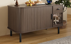 English Elm 37.4" Mdf Cat Litter Enclosure with Tambour Door Walnut Finish and Charging Station N704P380550D