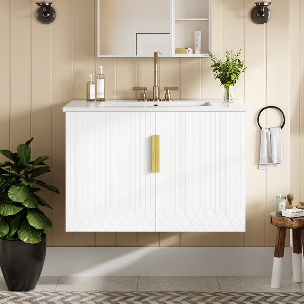 English Elm 30" Vintage Bathroom Vanity with Ceramic Sink — Wall-Mount MDF & Solid Wood Cabinet, Storage, Sleek Finish White N710P214100K