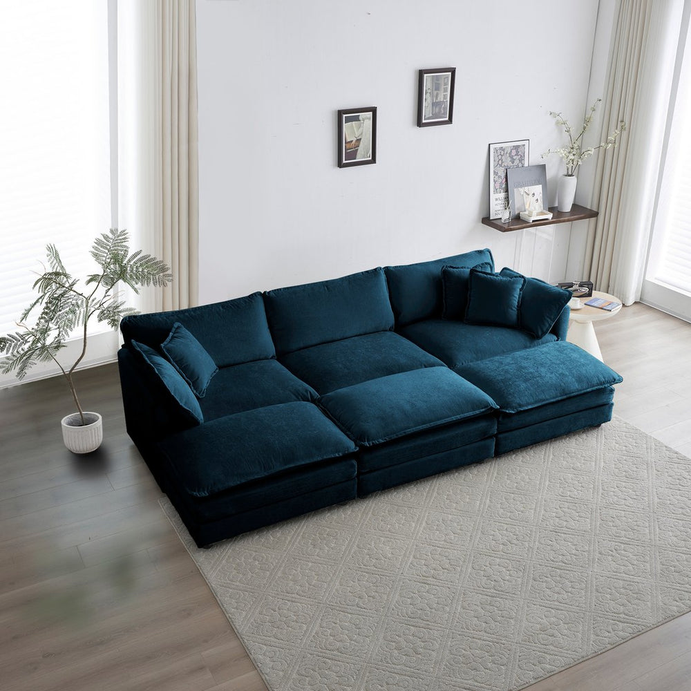 English Elm Comfortable Reversible Modular 6-Seater Sectional Sofa with Deep Seats, Chenille Comfort & Ottomans Blue W714S00604