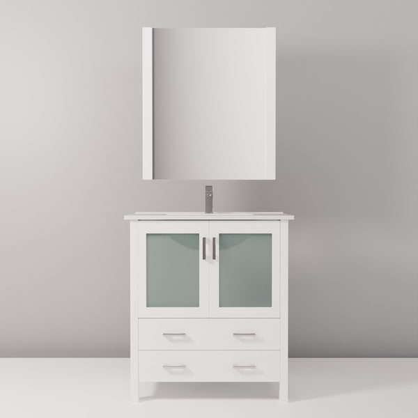 English Elm White Bath Vanity Set With Ceramic Top, Chrome Faucet, And 28" Mirror – Perfect For Small Spaces! B2731S01285-GIGA