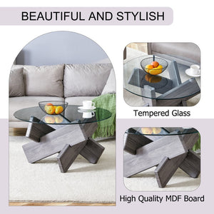 English Elm Round Tempered Glass Coffee Table with Sculptural Mdf Base for Modern Living Rooms Gray W1151P180317