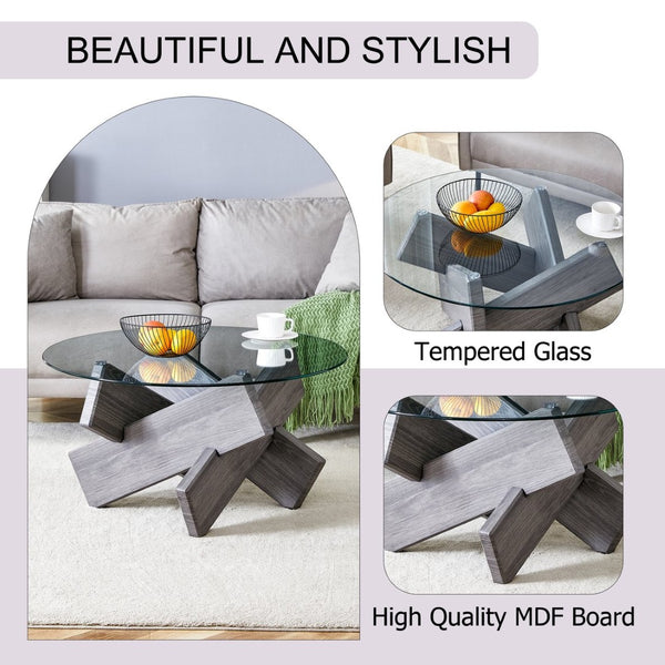 English Elm Round Tempered Glass Coffee Table with Sculptural Mdf Base for Modern Living Rooms Gray W1151P180317