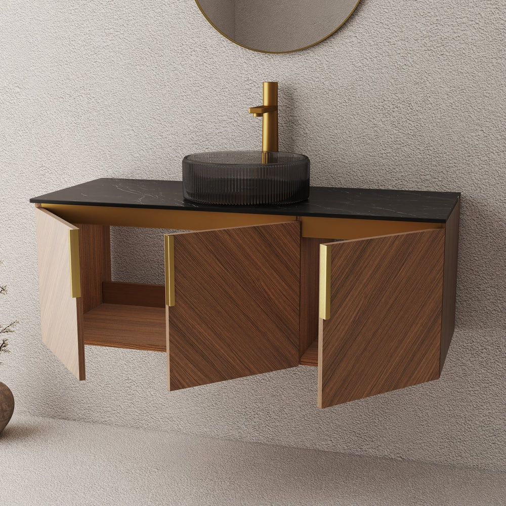 English Elm Arai 48" Modern Bathroom Vanity With Black Glass Basin & Sintered Stone Top, Brown Oak Cabinet Design W2615S00361