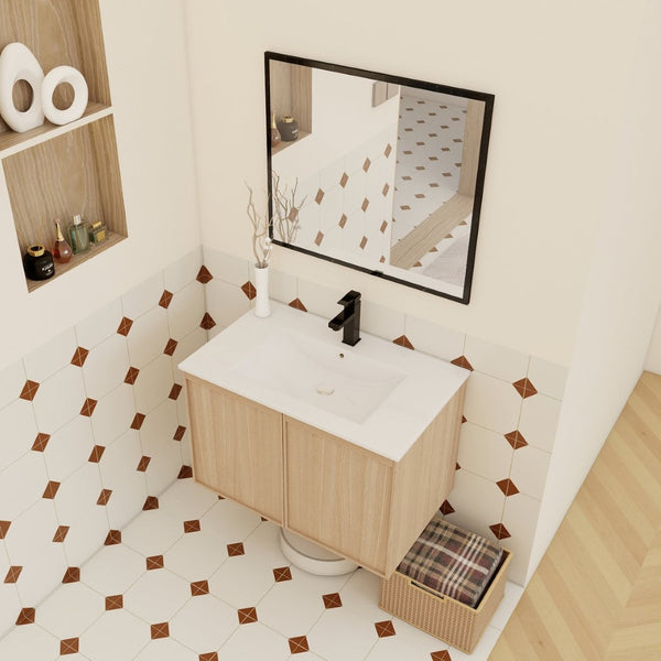 English Elm 30" Floating Bathroom Vanity Dark Oak Cabinet Ceramic Sink Open Shelf Soft Close Glossy White,Light Oak W3450P435844